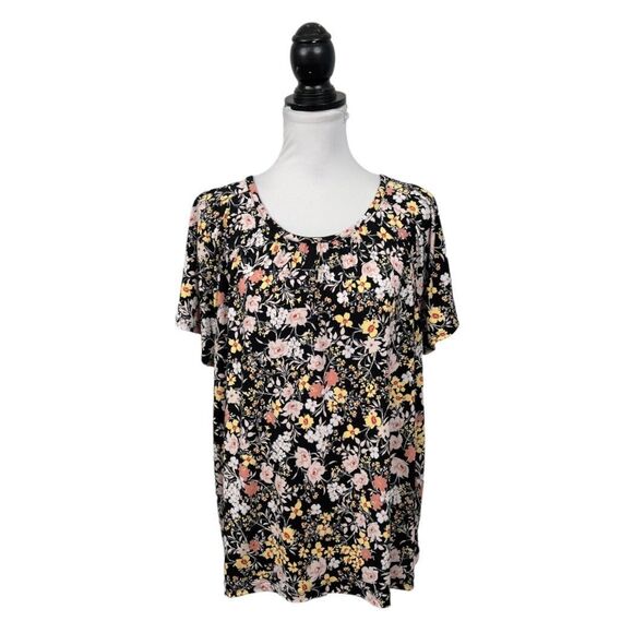 Liz Claiborne Blouse Size OX Black Floral Slinky Keyhole Pleated Front Work Top - Picture 9 of 11